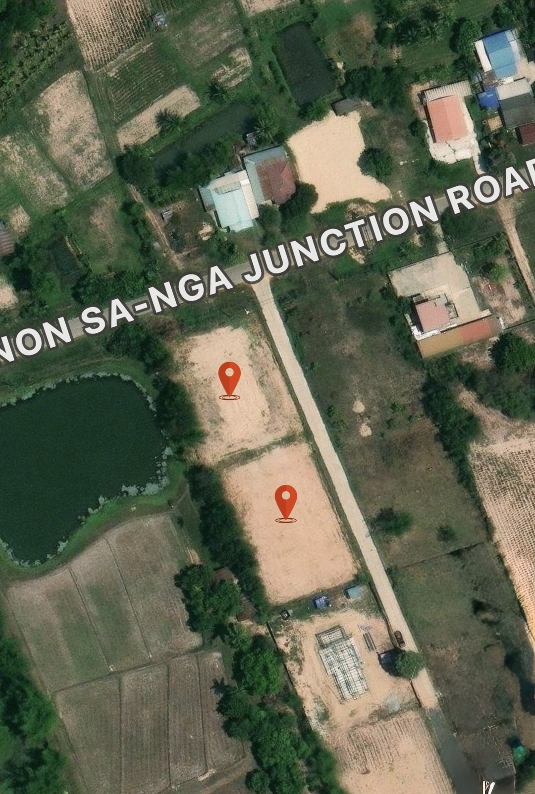 Aerial satellite view of the two land parcels with location pins, Non Sa-Nga Junction Road, Udon Thani